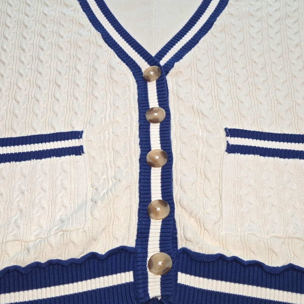 We The Free Varsity Cardigan Ecru Blue Cable Knit Oversized Collegiate S NWOT - Picture 12 of 15